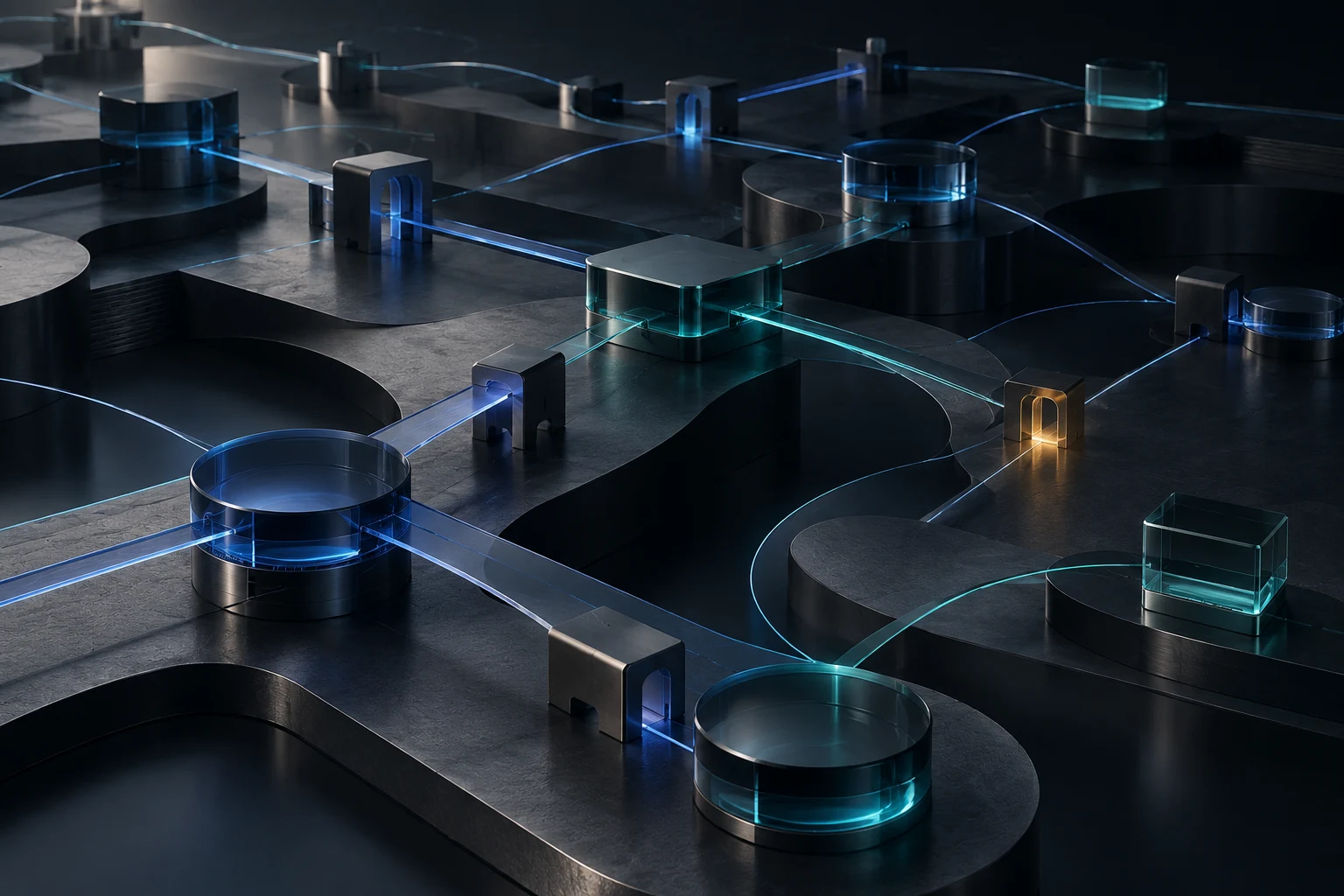 Connected workflow nodes with controlled pathways and a review checkpoint